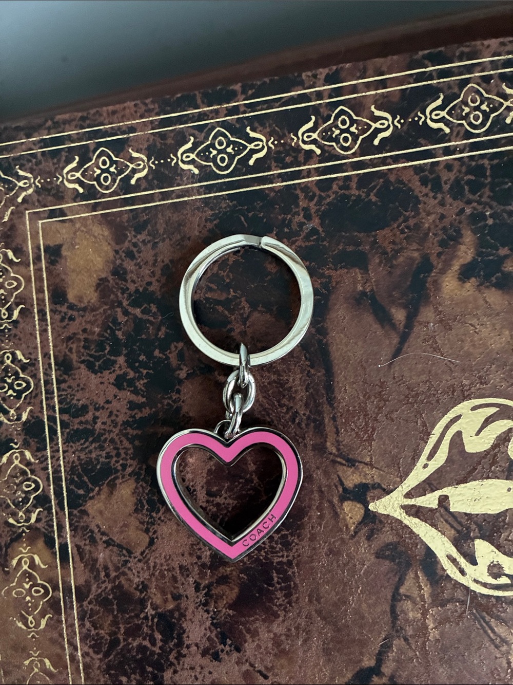 Coach Pink Heart Key Ring with Silver Hardware